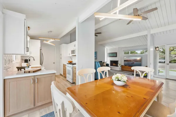 a view of a dining room with furniture