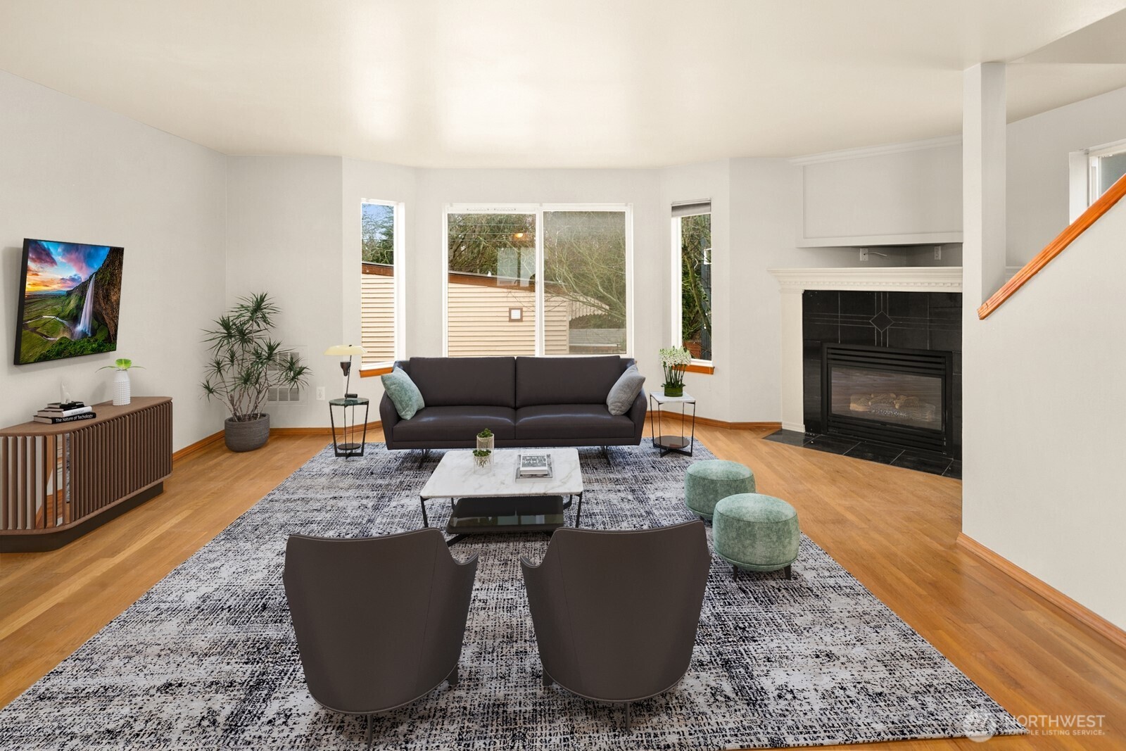 1417 North 97th Street Seattle, WA 98103 - Photo 8 of 23 a living room with furniture a large window and a fireplace