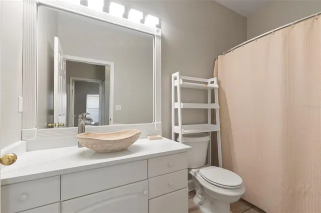 a bathroom with a sink a toilet and shower curtain