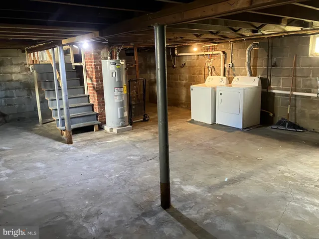a view of a room with water heater and racks