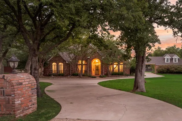 a view of a park with large trees