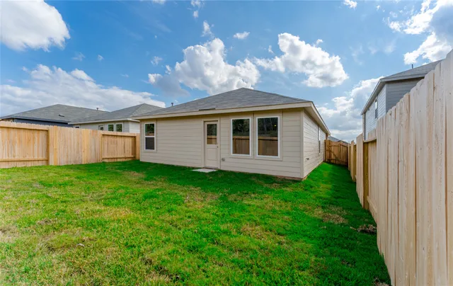 a view of a backyard with plants and a large tree