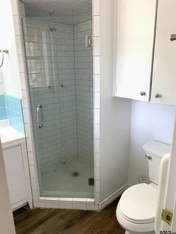 a bathroom with a shower a toilet and a sink