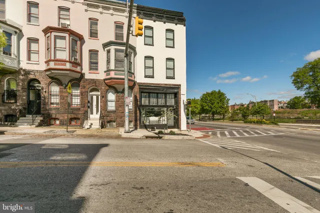 front view of a building with a street