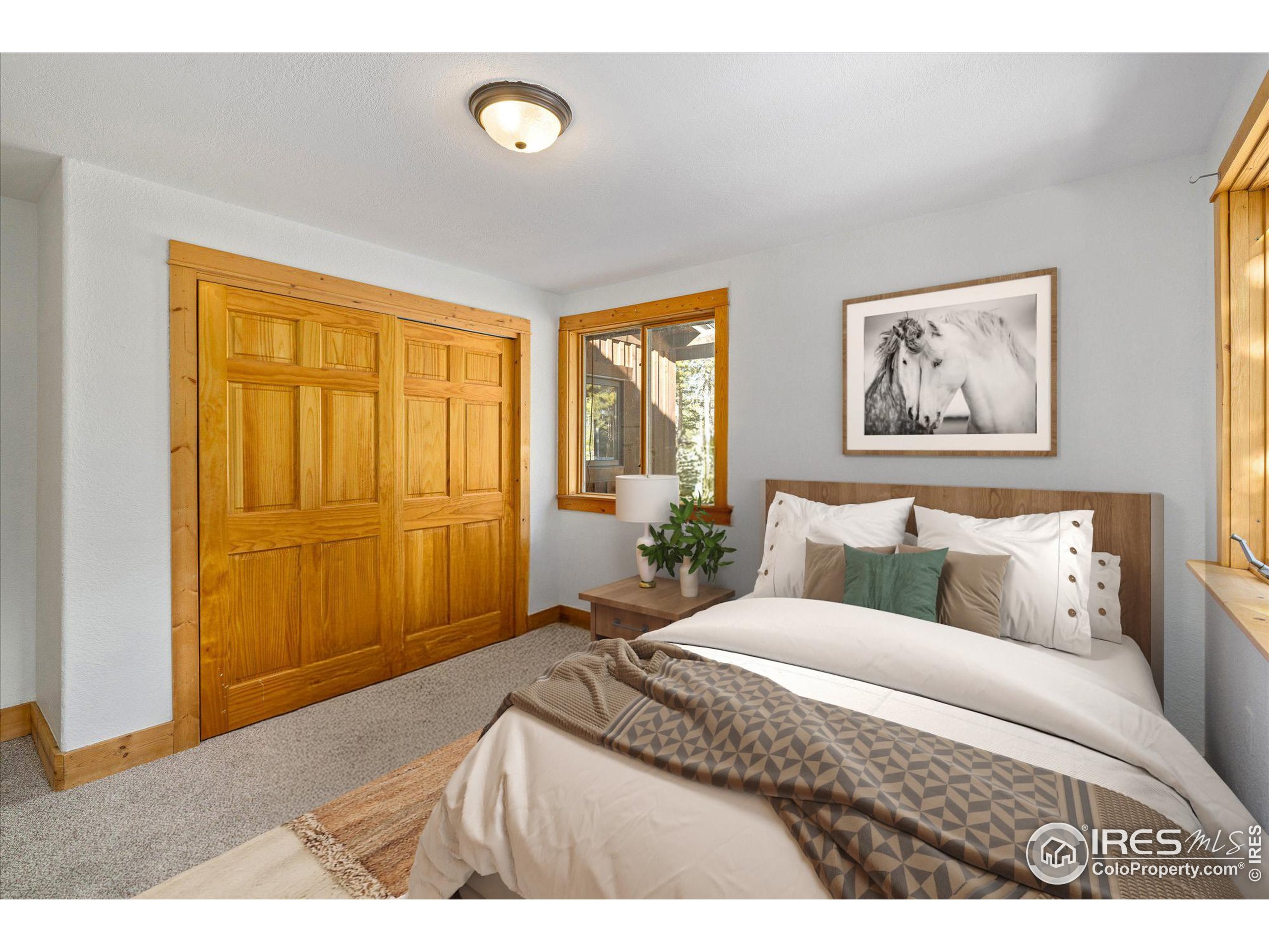 246 Rudi Lane West Golden, CO 80403 - Photo 17 of 48 a bedroom with a large bed and a chandelier