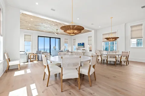a view of a dining room with furniture window and outside view