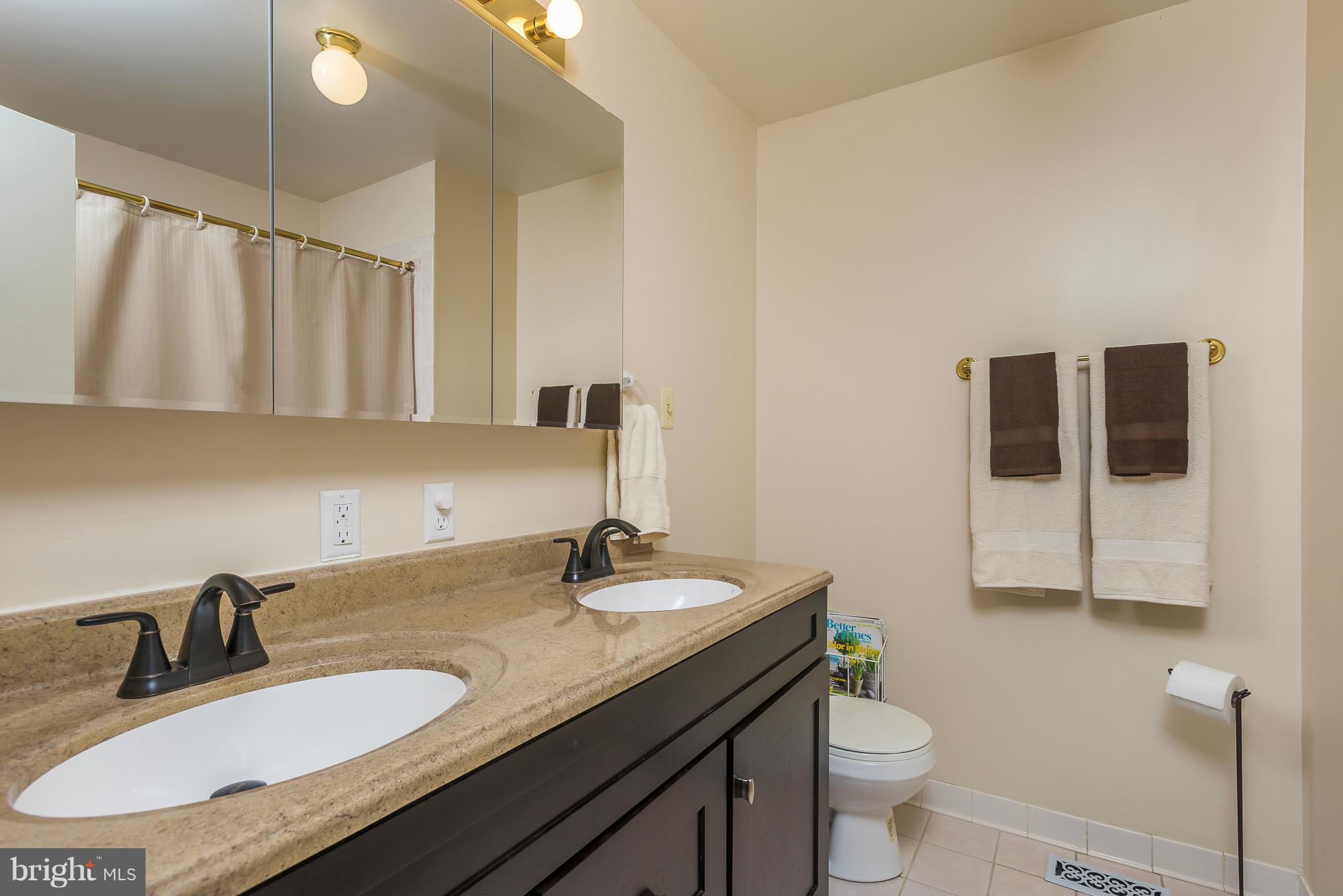 5054 Whetstone Road Columbia, MD 21044 - Photo 20 of 30 a bathroom with a granite countertop sink a toilet and a mirror