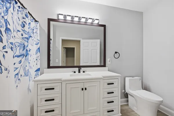 a bathroom with a sink a toilet and a mirror