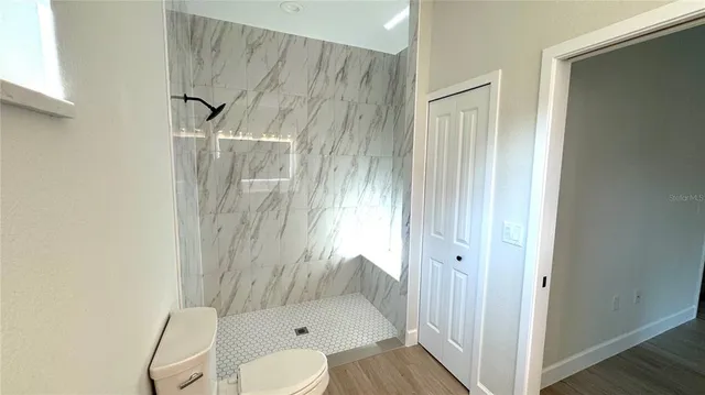 a bathroom with a shower and toilet