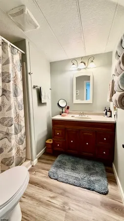 a bathroom with a granite countertop sink a toilet and a mirror