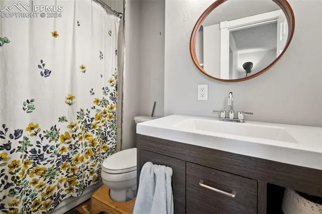 a bathroom with a sink a toilet and a mirror