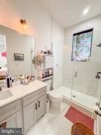 a bathroom with a sink a toilet and shower