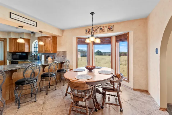 a view of a dining room with furniture window and outside view