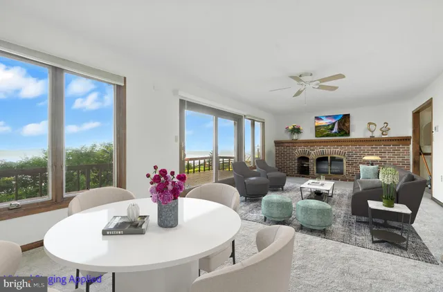 a living room with furniture potted plant and a fireplace