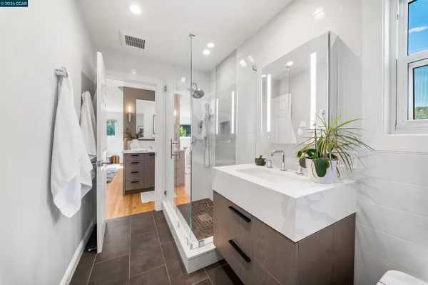 a bathroom with a sink a mirror a potted plant and a shower