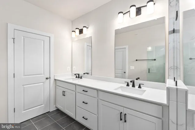 a bathroom with a double vanity sink a mirror and a shower