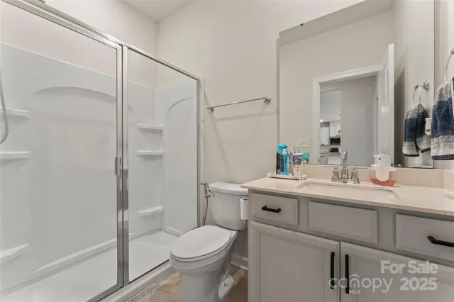 a bathroom with a sink toilet vanity and shower