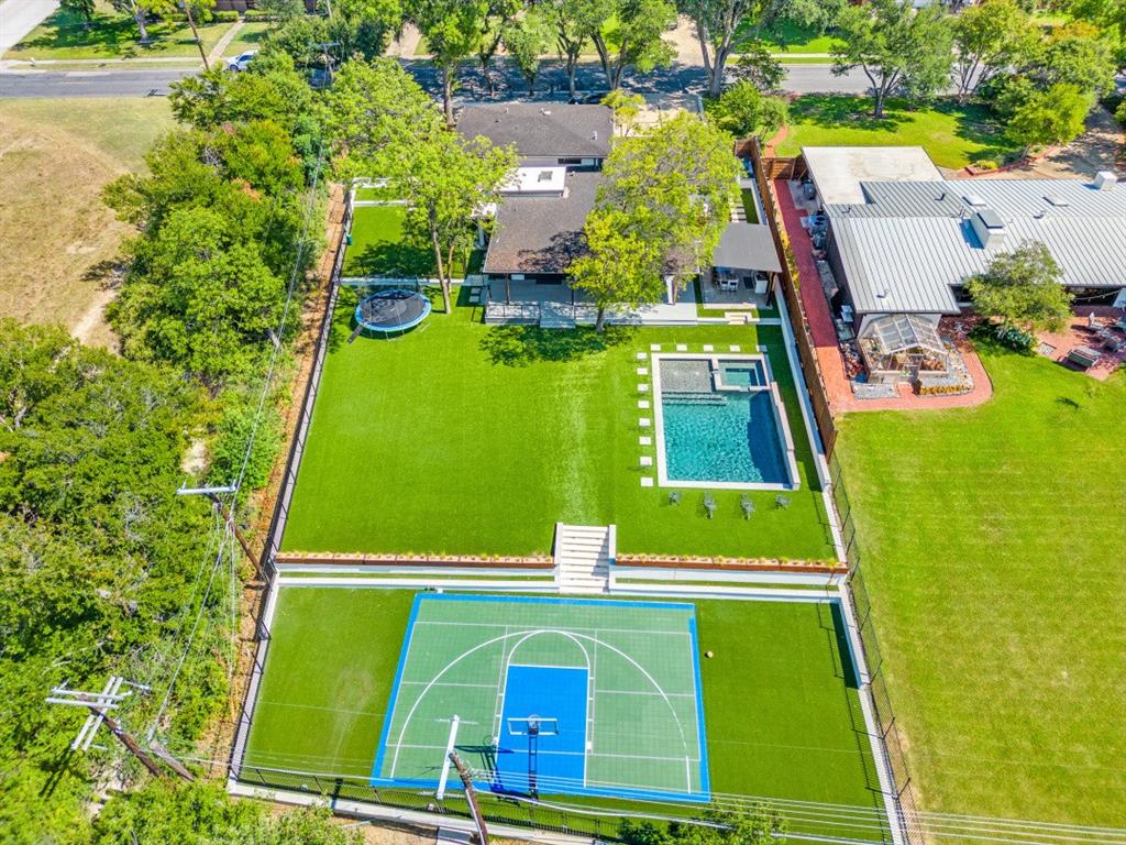 an aerial view of a pool