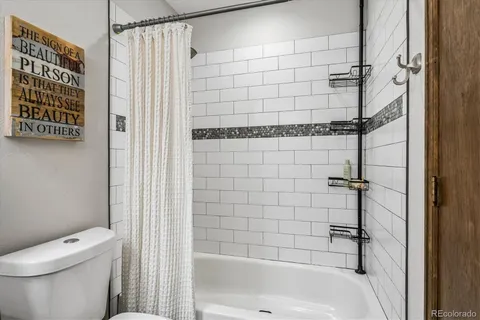 a bathroom with a shower and a toilet