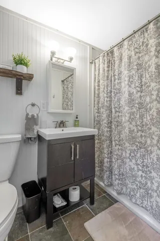 a bathroom with a sink a toilet and a mirror
