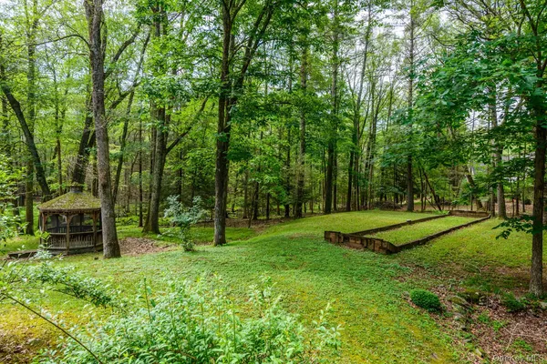 a view of a park with large trees
