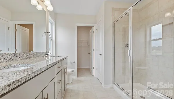 a bathroom with a granite countertop sink a mirror and a shower