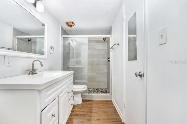 a bathroom with a sink a toilet a mirror and shower