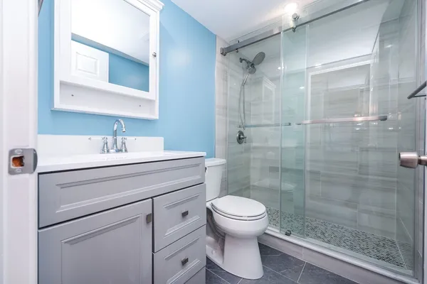 a bathroom with a shower toilet and sink