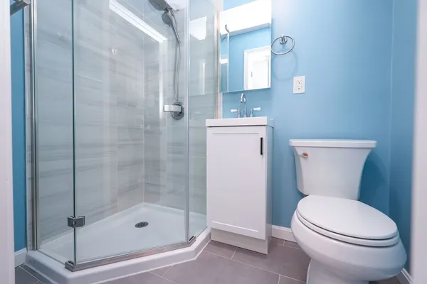 a bathroom with a toilet and a shower