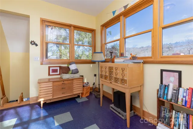 a view of a bedroom with furniture and windows