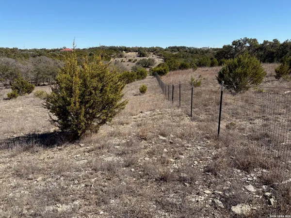 a view of a dry yard with mountains in the background