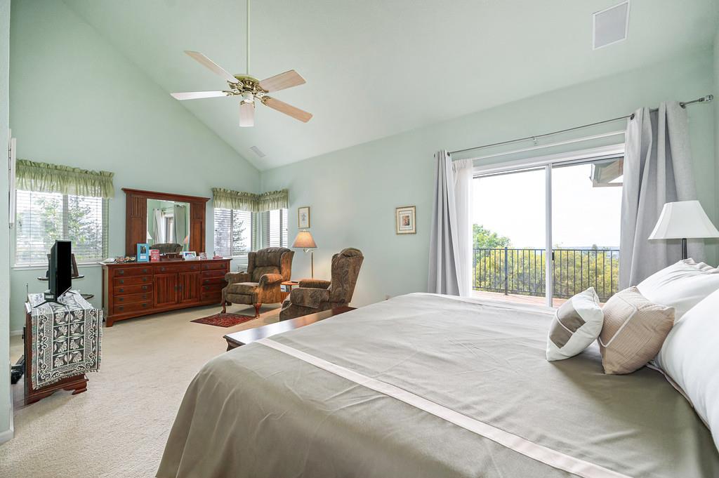 2358 Deer Ravine Court Cool, CA 95614 - Photo 16 of 63 primary bedroom with access to outside, light colored carpet, lofted ceiling, multiple windows, and ceiling fan. Located on main floor.