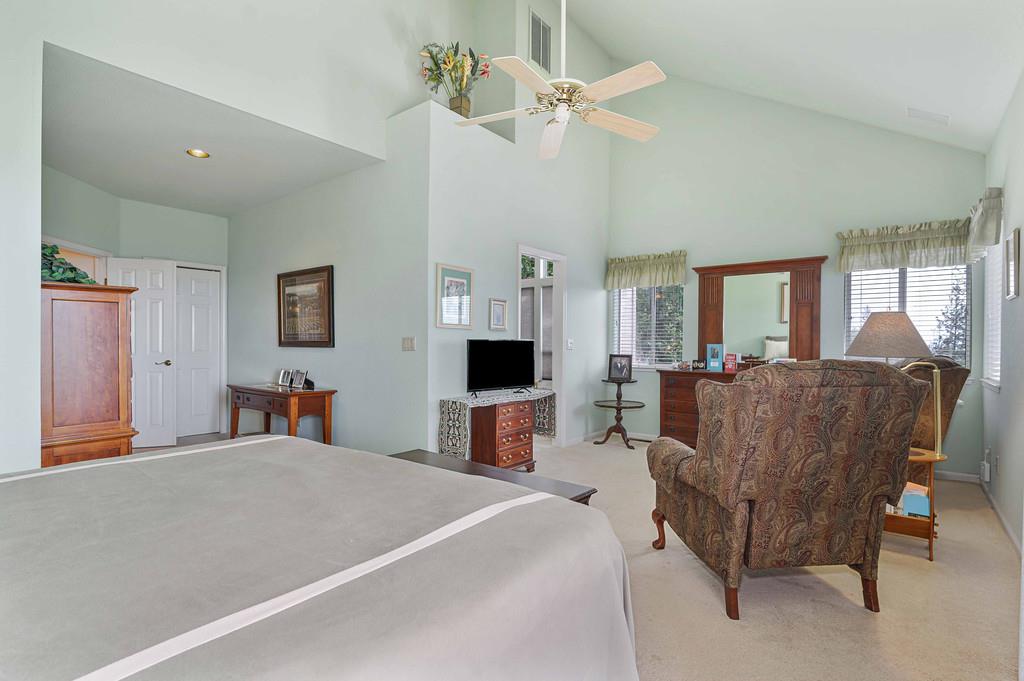 2358 Deer Ravine Court Cool, CA 95614 - Photo 17 of 63 primary bedroom with light colored carpet, a ceiling fan, a closet, and vaulted ceiling