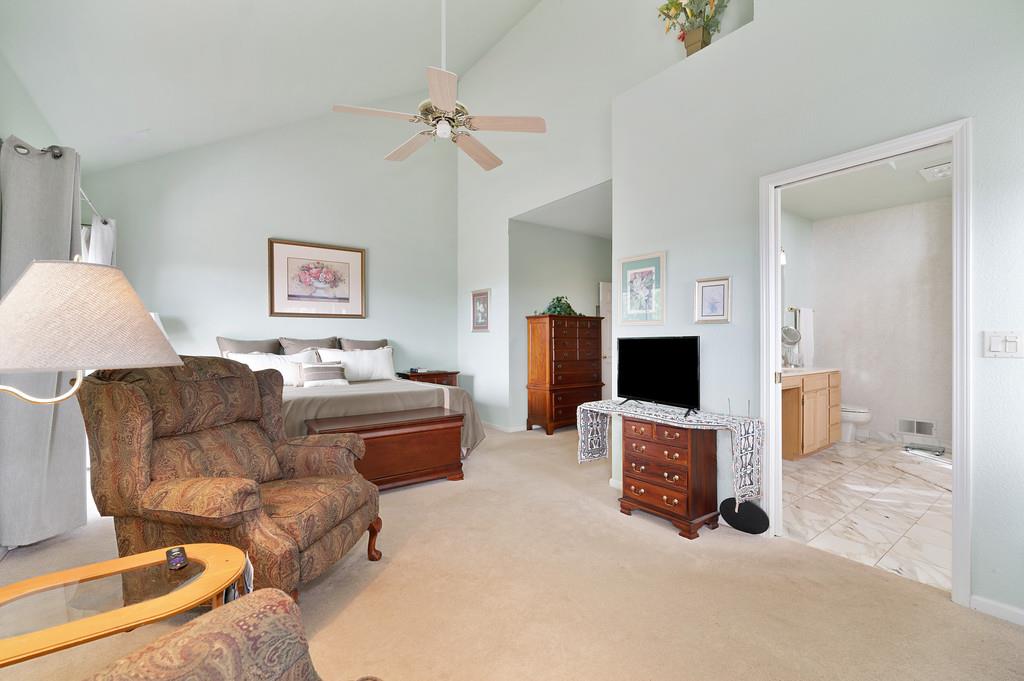 2358 Deer Ravine Court Cool, CA 95614 - Photo 18 of 63 primary bedroom featuring light carpet, a ceiling fan, vaulted ceiling, and connected bathroom