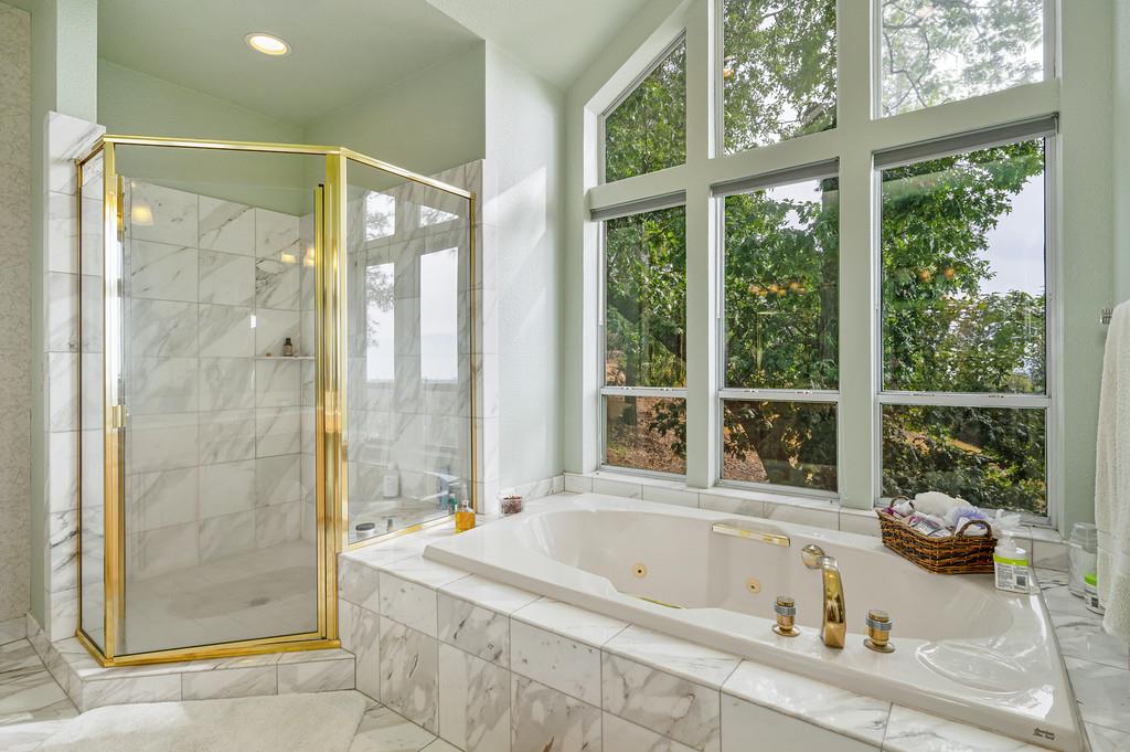 2358 Deer Ravine Court Cool, CA 95614 - Photo 20 of 63 primary bathroom featuring a shower stall, a jetted tub, and recessed lighting