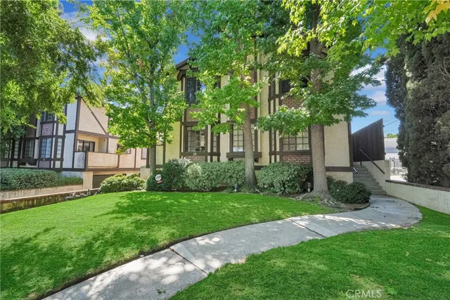 a view of a yard with plants and large trees
