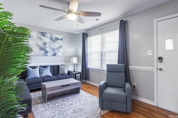 a living room with furniture and a potted plant