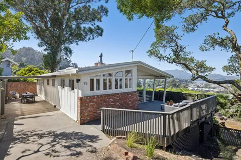 a view of a house with backyard and porch