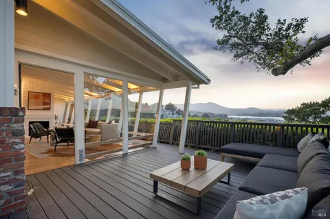 a view of a roof deck with couches and potted plants