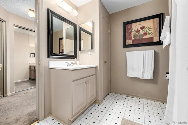 a bathroom with a sink a mirror and a shower