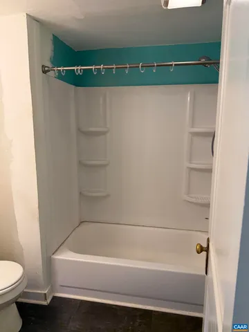 a bathroom with a shower and a toilet