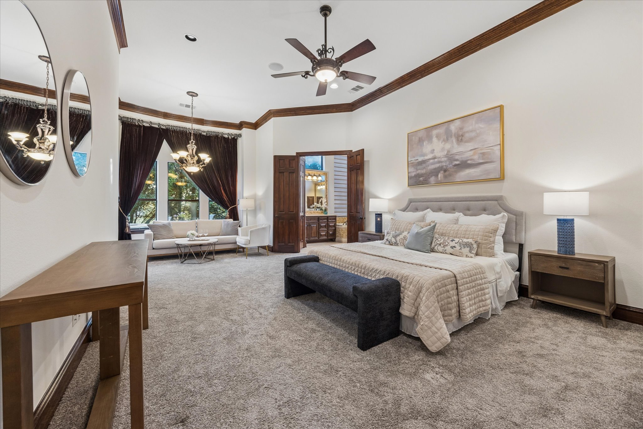 11805 Ranchview Court Austin, TX 78732 - Photo 11 of 36 Spacious room featuring light gray carpeting, wood-finish crown molding, and a ceiling fan