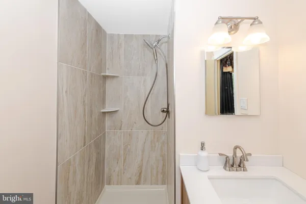 a bathroom with a sink vanity and a mirror