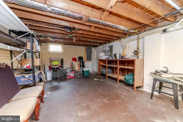 a view of a garage with storage