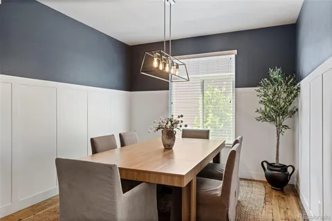 a view of a dining room with furniture window and wooden floor