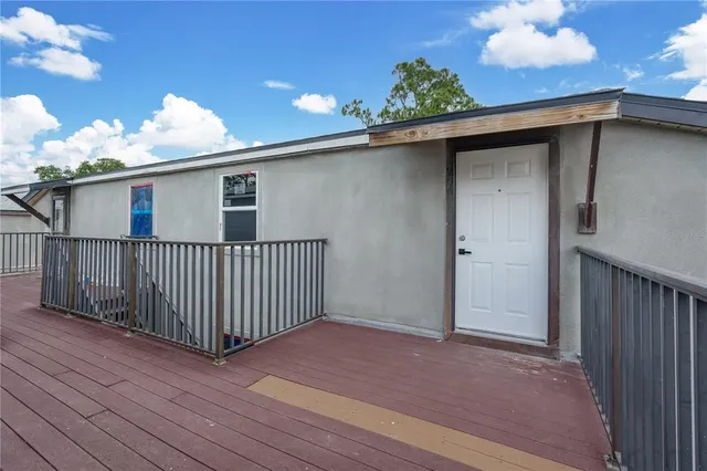 a view of a wooden house with a window