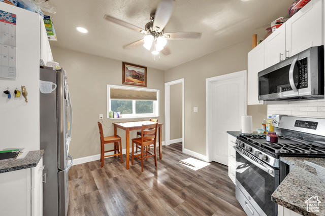 1632 South Main Street Springville, UT 84663 - Photo 4 of 93 Kitchen with appliances with stainless steel finishes, recessed lighting, ceiling fan, white cabinetry, and wood finished floors