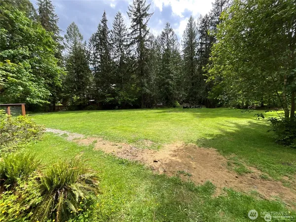 a view of a grassy field with trees in the background