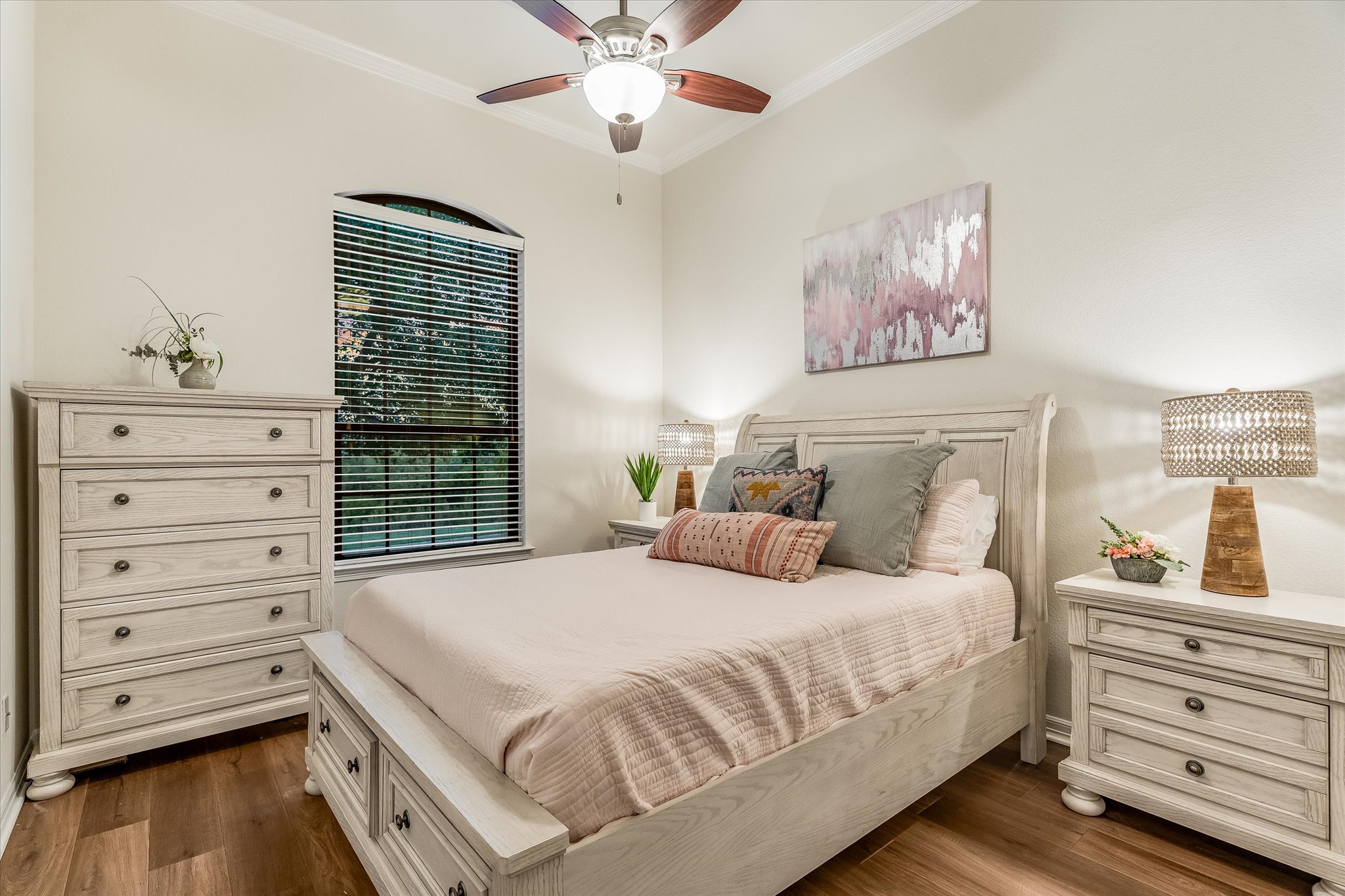 226 Galloway Lane Austin, TX 78737 - Photo 21 of 30 Bedroom with ornamental molding, dark wood finished floors, and ceiling fan