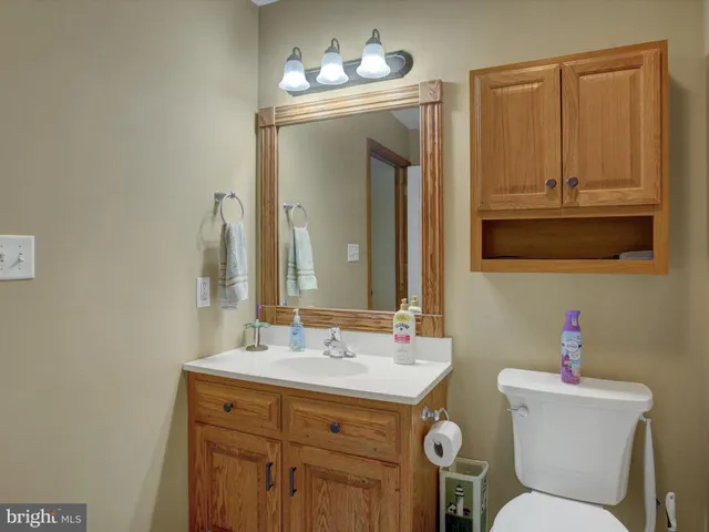 a bathroom with a sink mirror and toilet